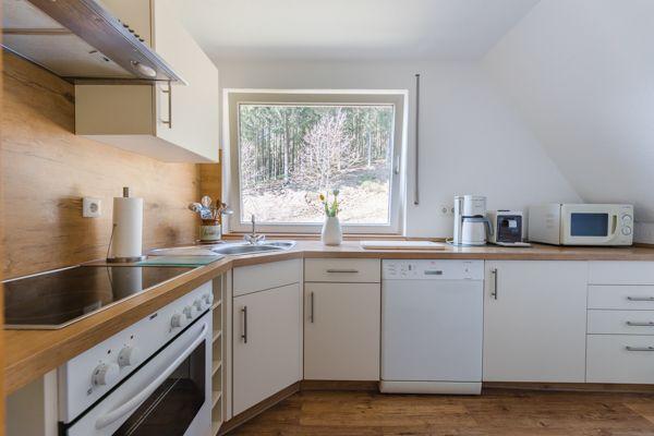 Küche mit Holzoberflächen, Fenster zum Wald und moderner Ausstattung.