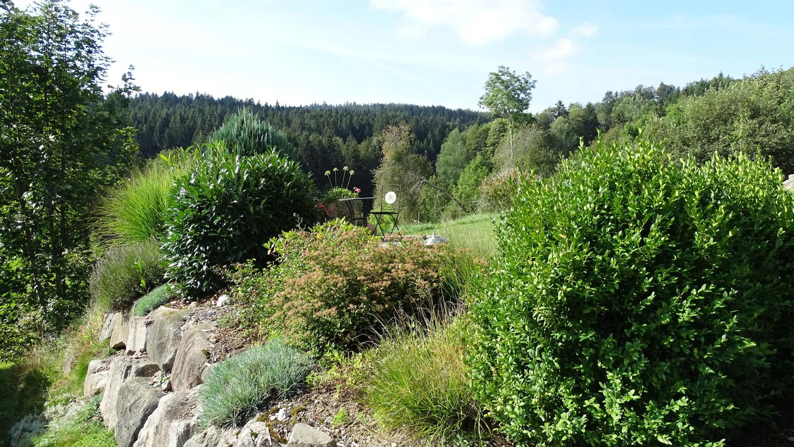 Garden with seating area and view of forest