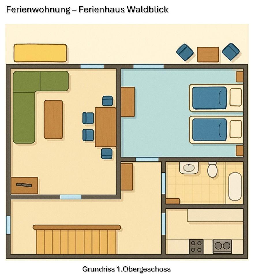 Ferienhaus Waldblick: Floor plan 1st floor with living area, bedrooms, and bathroom.