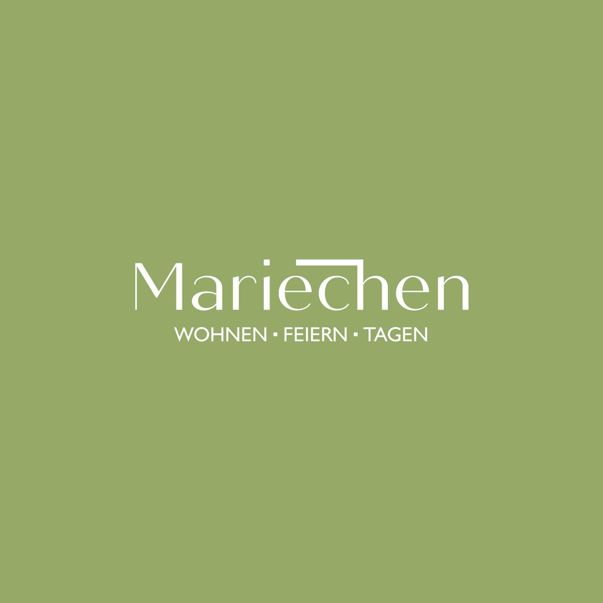 Mariechen: Wohnen, Feiern, Tagen. Grüner Hintergrund mit weißen Schriftzügen.