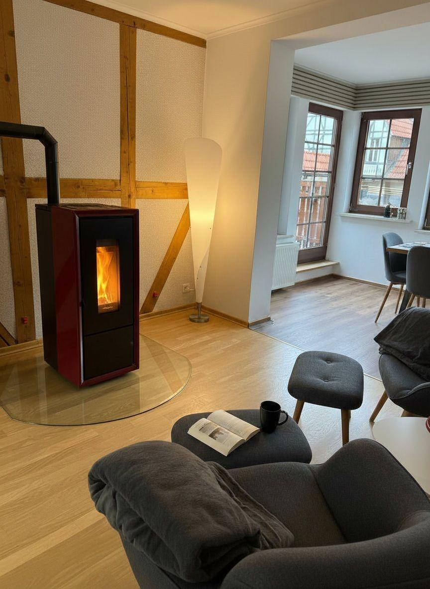 Wohnzimmer mit Kaminofen, Sessel und Blick auf Essbereich.