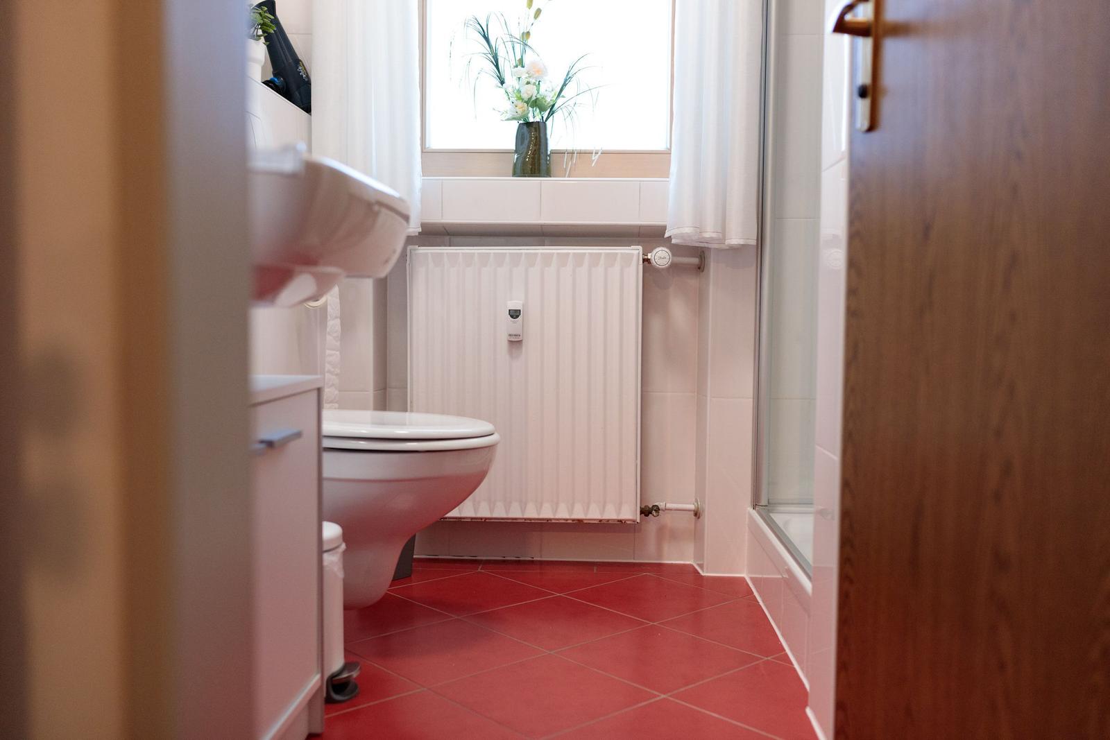 Badezimmer mit Toilette, Waschbecken und Dusche. Rote Fliesen und Fenster mit Blumen.