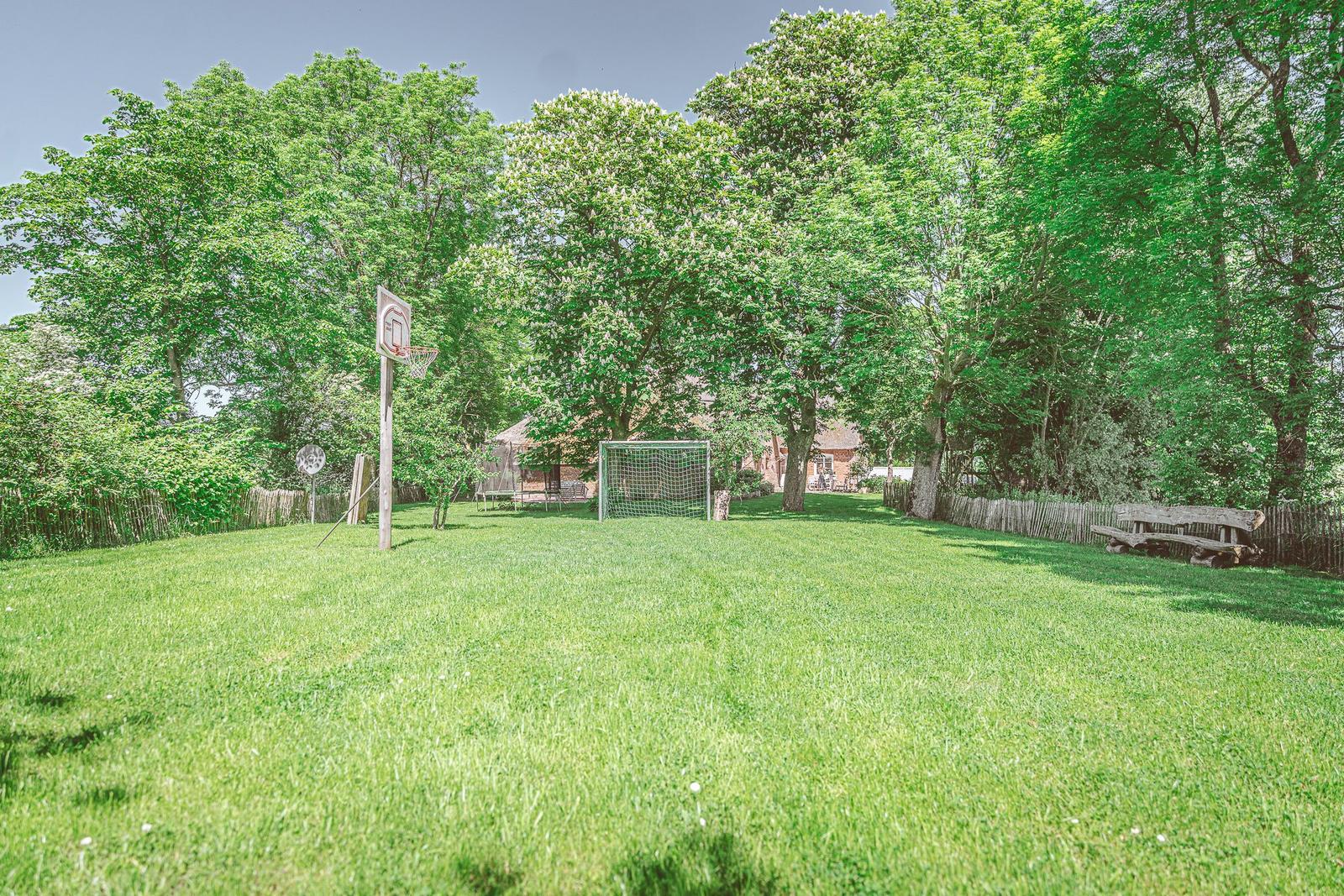 Großer grüner Garten mit Basketballkorb und Fußballtor.