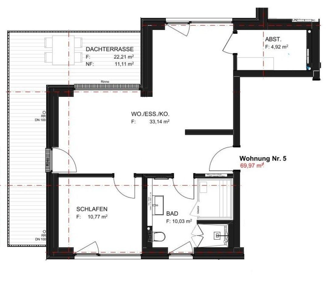 Wohnung mit Schlafzimmer, Bad, Wohnbereich und Dachterrasse.