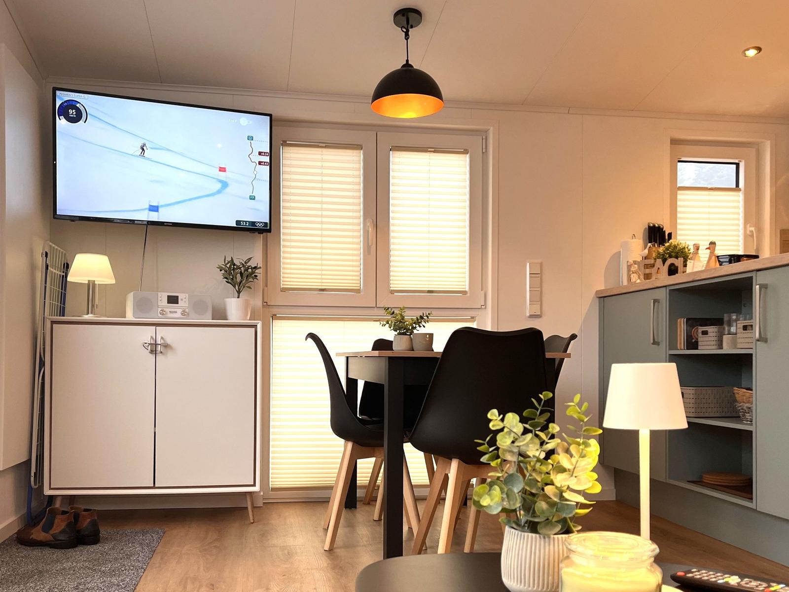 Küche und Essbereich mit TV, Tisch, Stühlen und Pflanzen.