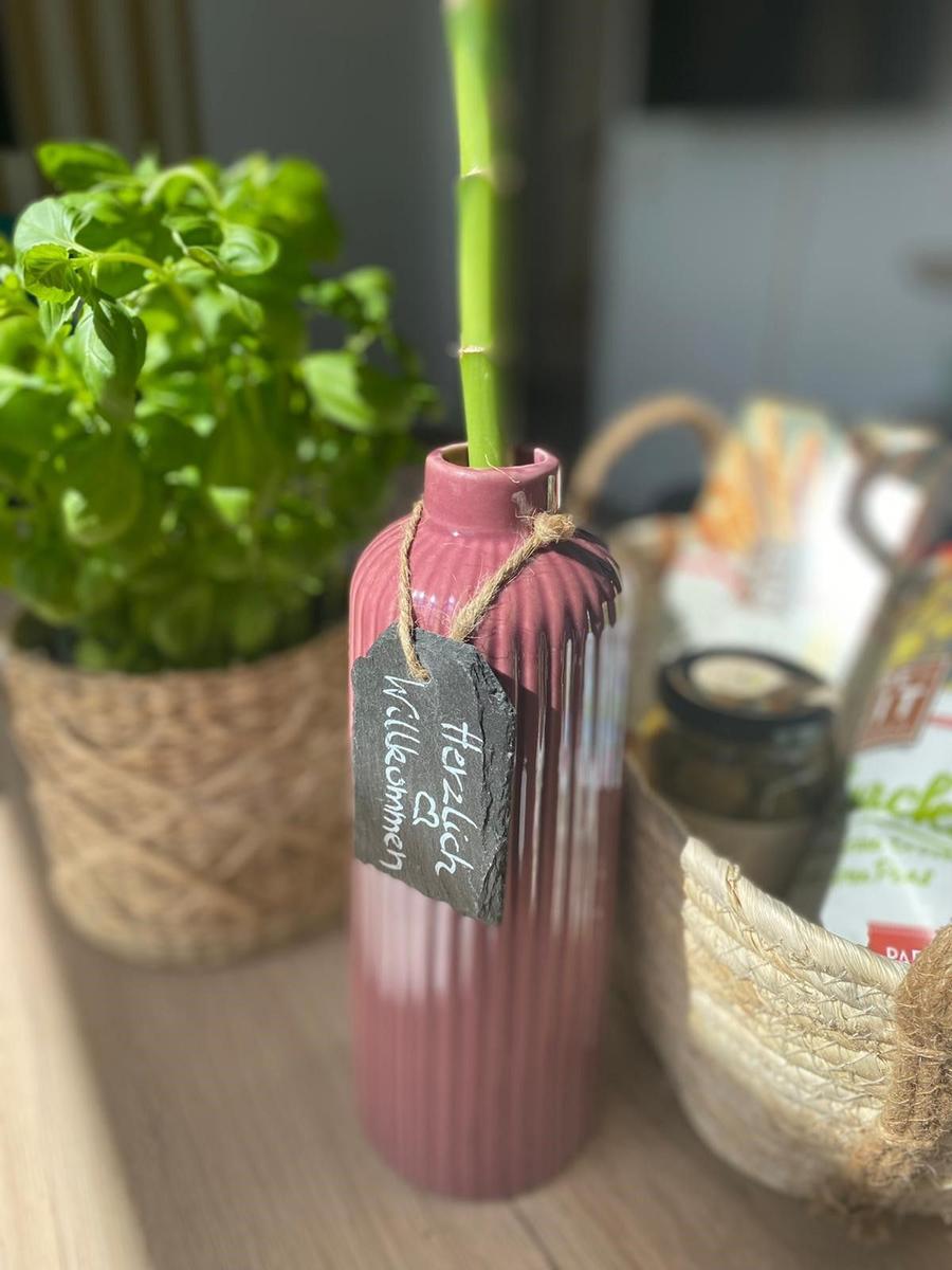 Willkommen-Schild an einer rosa Vase mit grüner Pflanze und Basilikum im Hintergrund.