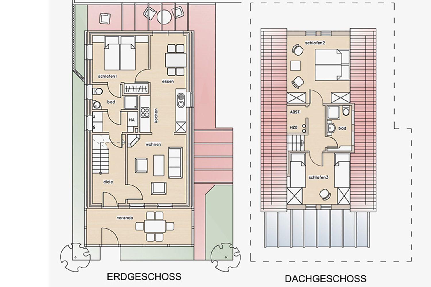 Erd- und Dachgeschossplan mit Schlaf-, Wohn- und Essbereichen.