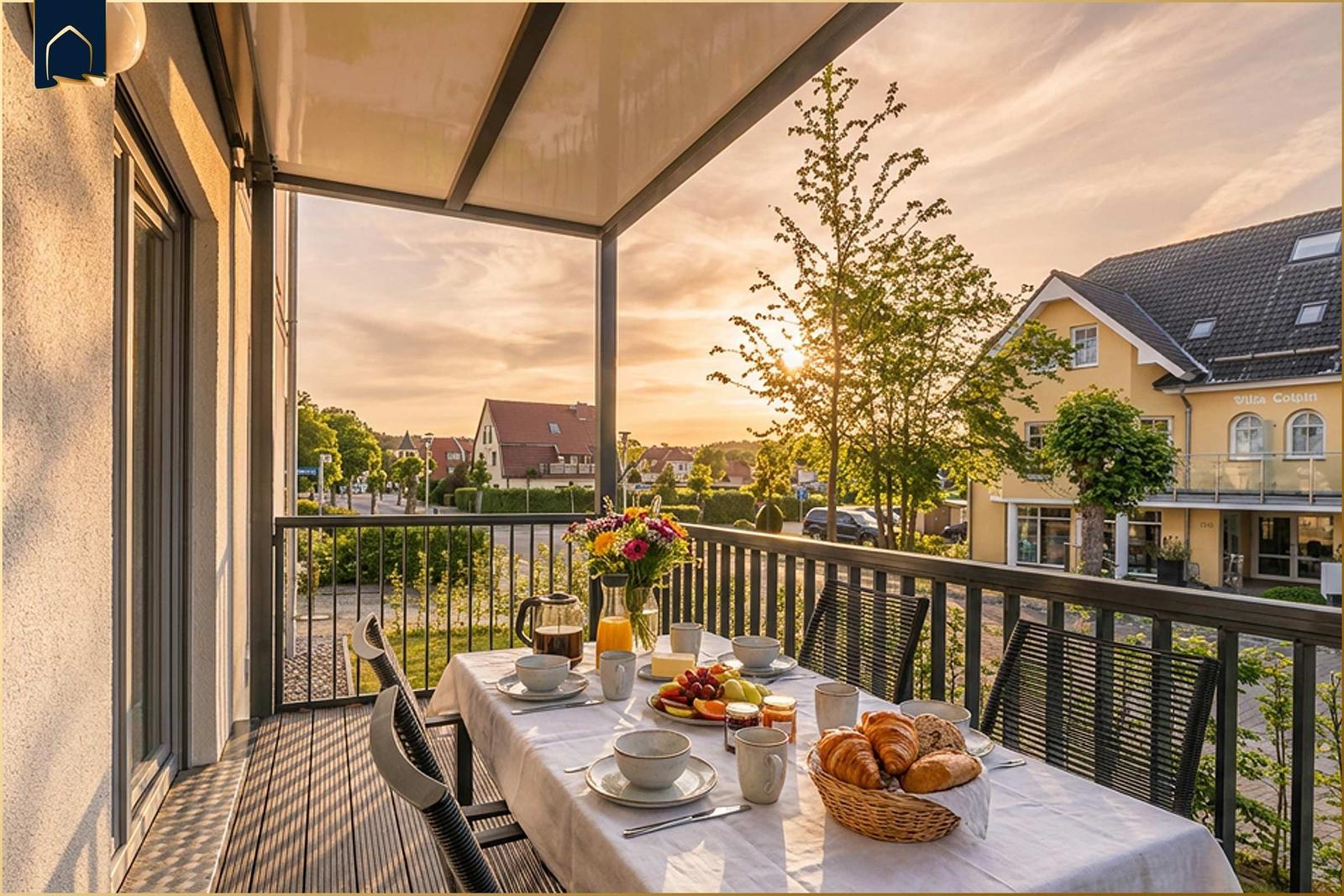 Terrasse mit Tisch, Stühlen und Frühstück. Blick auf Straße und Gebäude.