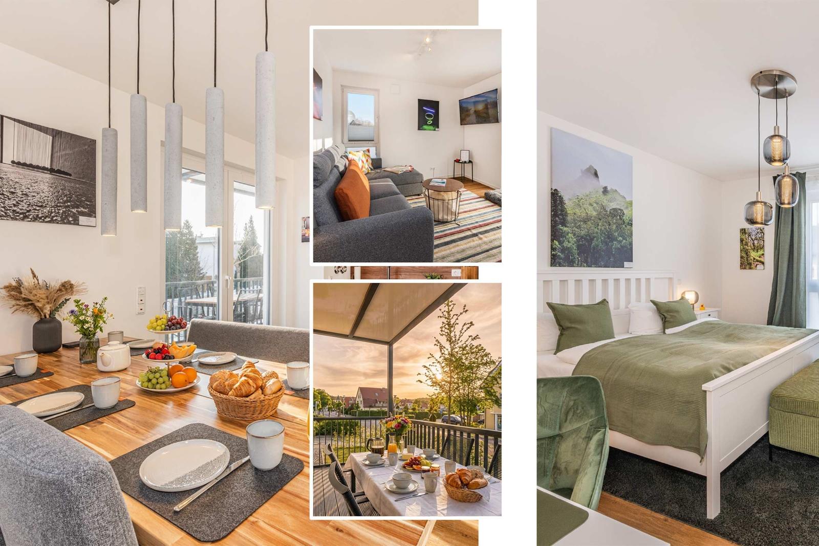 Moderne Wohnung mit Essbereich, Wohnzimmer, Schlafzimmer und Balkon mit Frühstück.