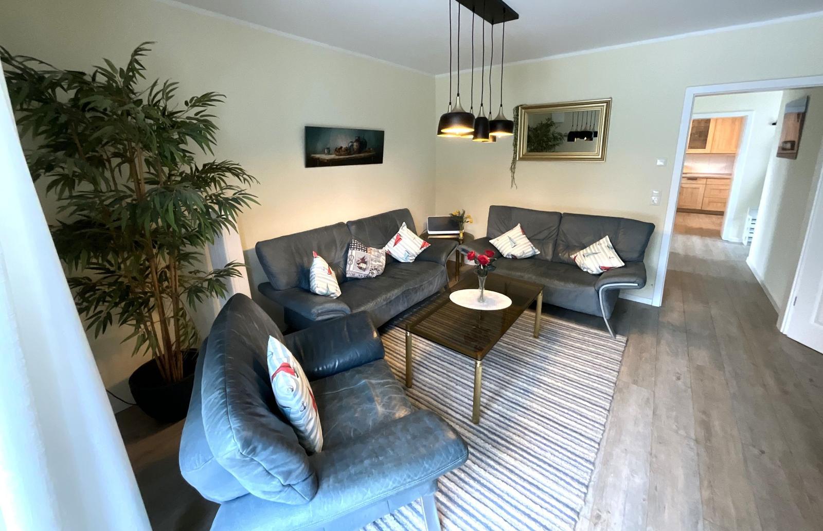 Wohnzimmer mit zwei Sofas, Sessel, Couchtisch und Pflanze. Küche im Hintergrund sichtbar.