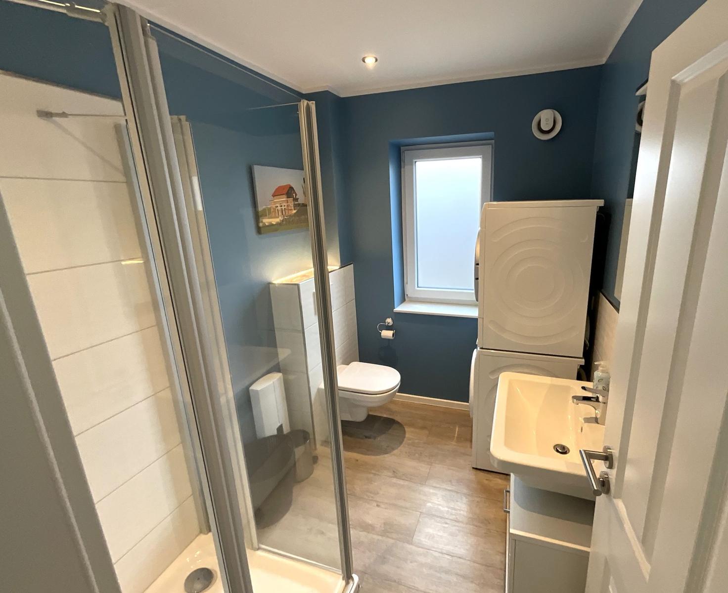 Badezimmer mit Dusche, WC und Waschbecken. Blaue Wände und Holzboden.