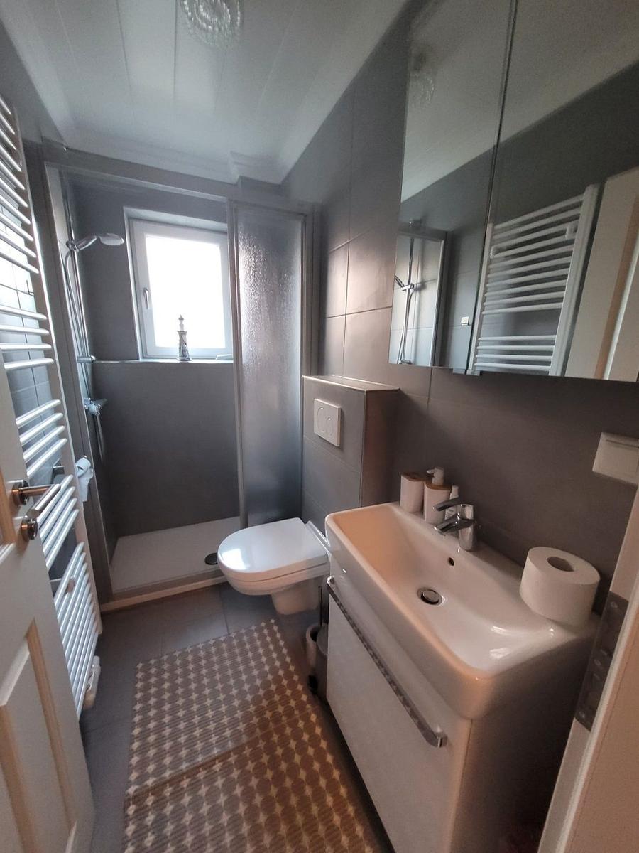Badezimmer mit Dusche, WC und Waschbecken