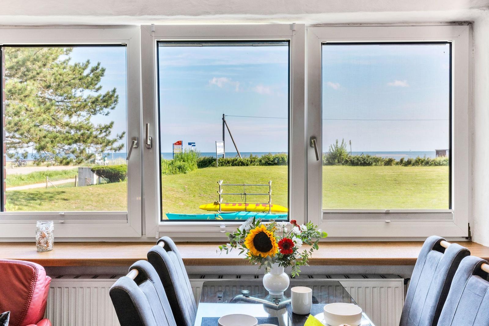 Grosses Fenster mit Blick auf Grasland und Strand. Tisch mit Stühlen und Blumen.