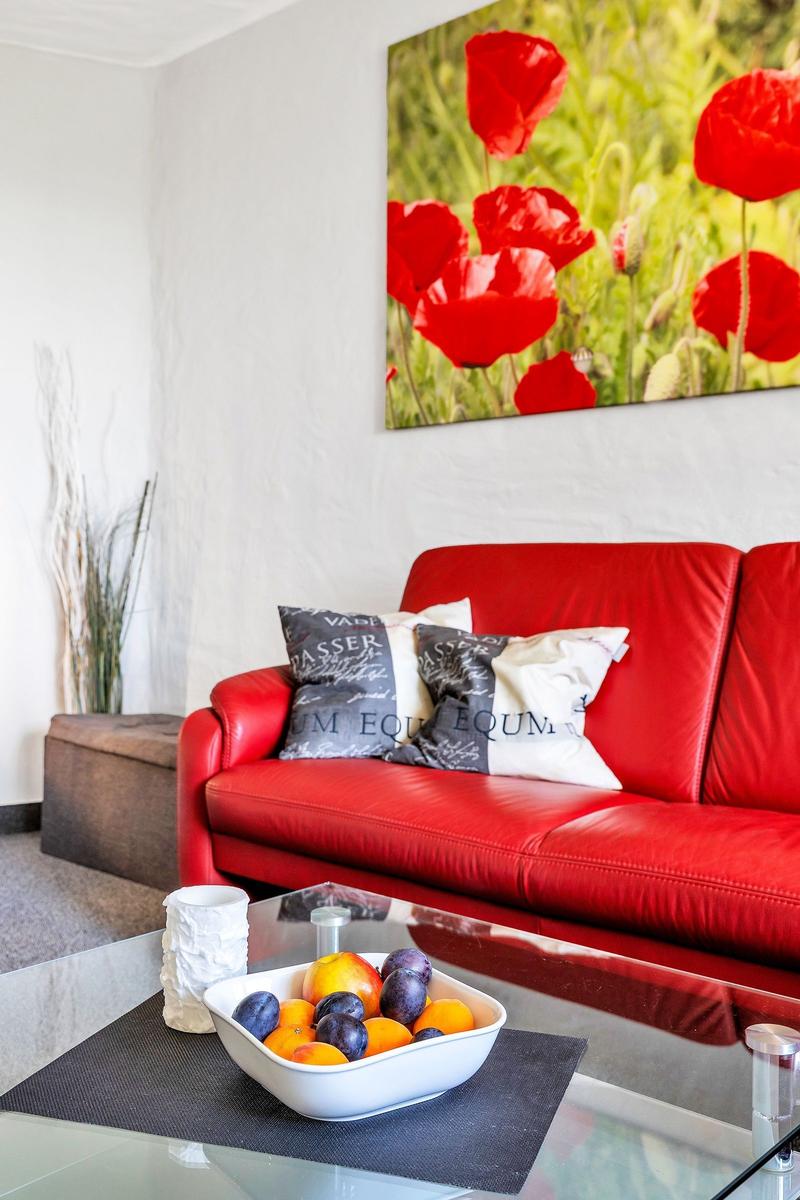 Rotes Sofa mit Kissen, Glas-Tisch und Wandbild mit Mohnblumen.