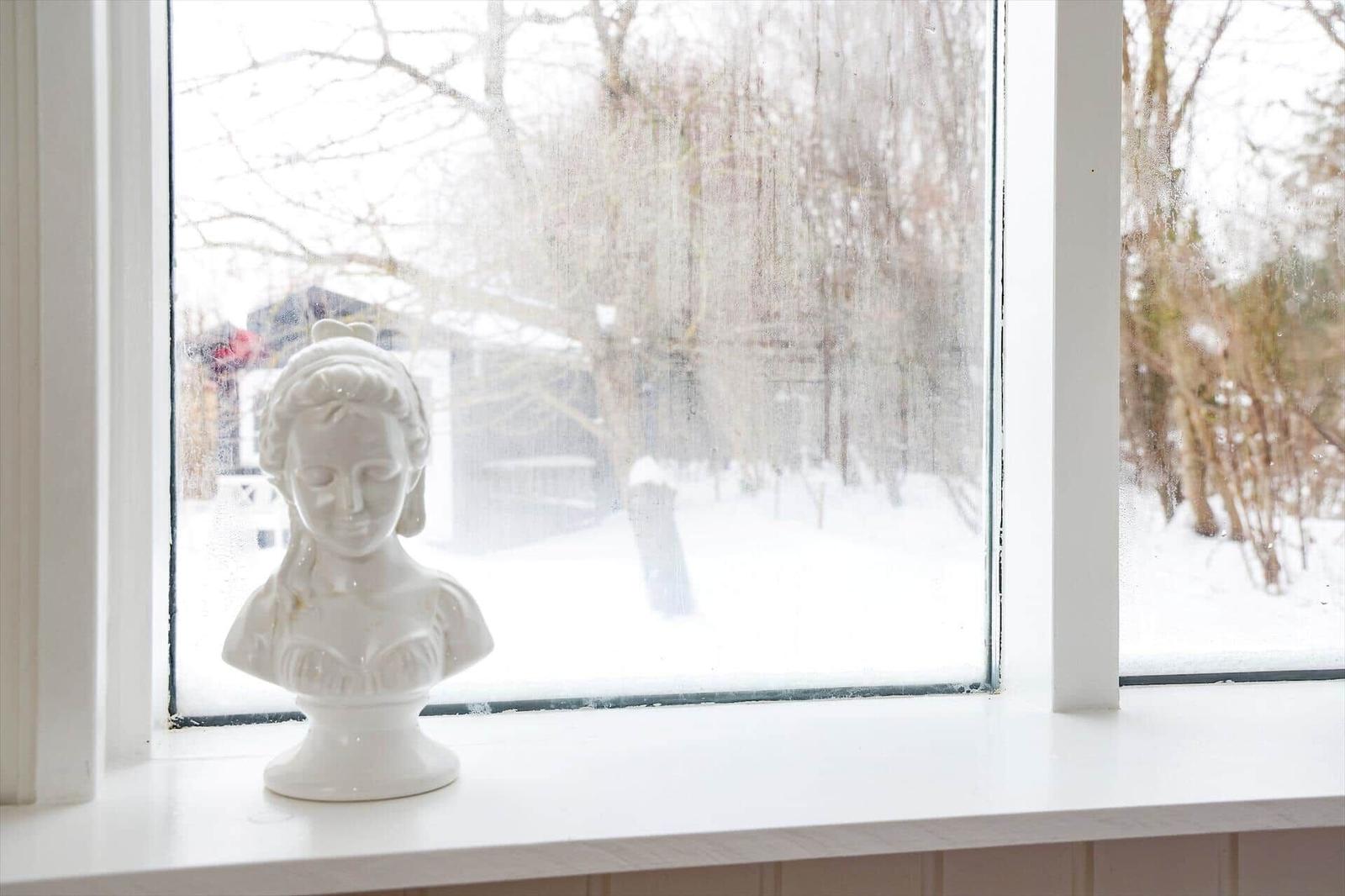 Weißer Fensterbrett mit Büste und verschneiter Landschaft draußen.