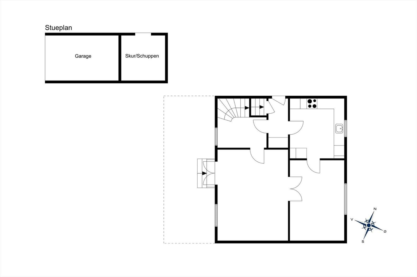 Functional floor plan with garage and storage. Kitchen, bathroom, and stairwell marked.