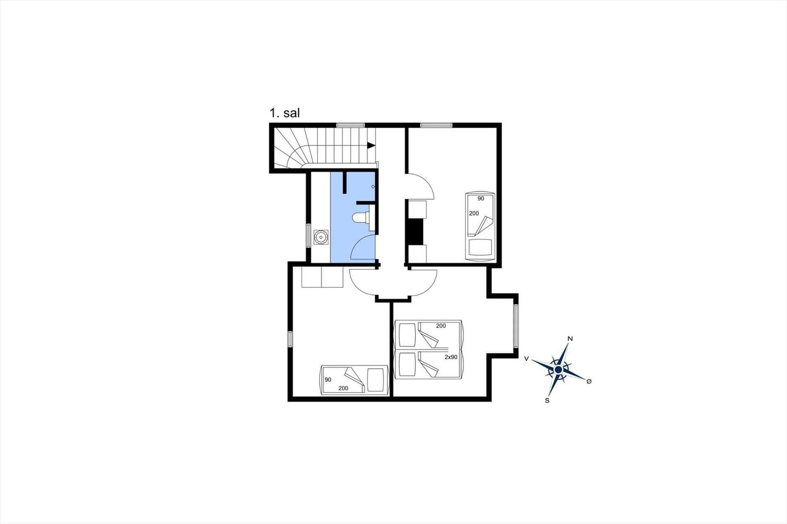 1st floor with bedrooms, bathroom, and living area. Compass and measurements marked.