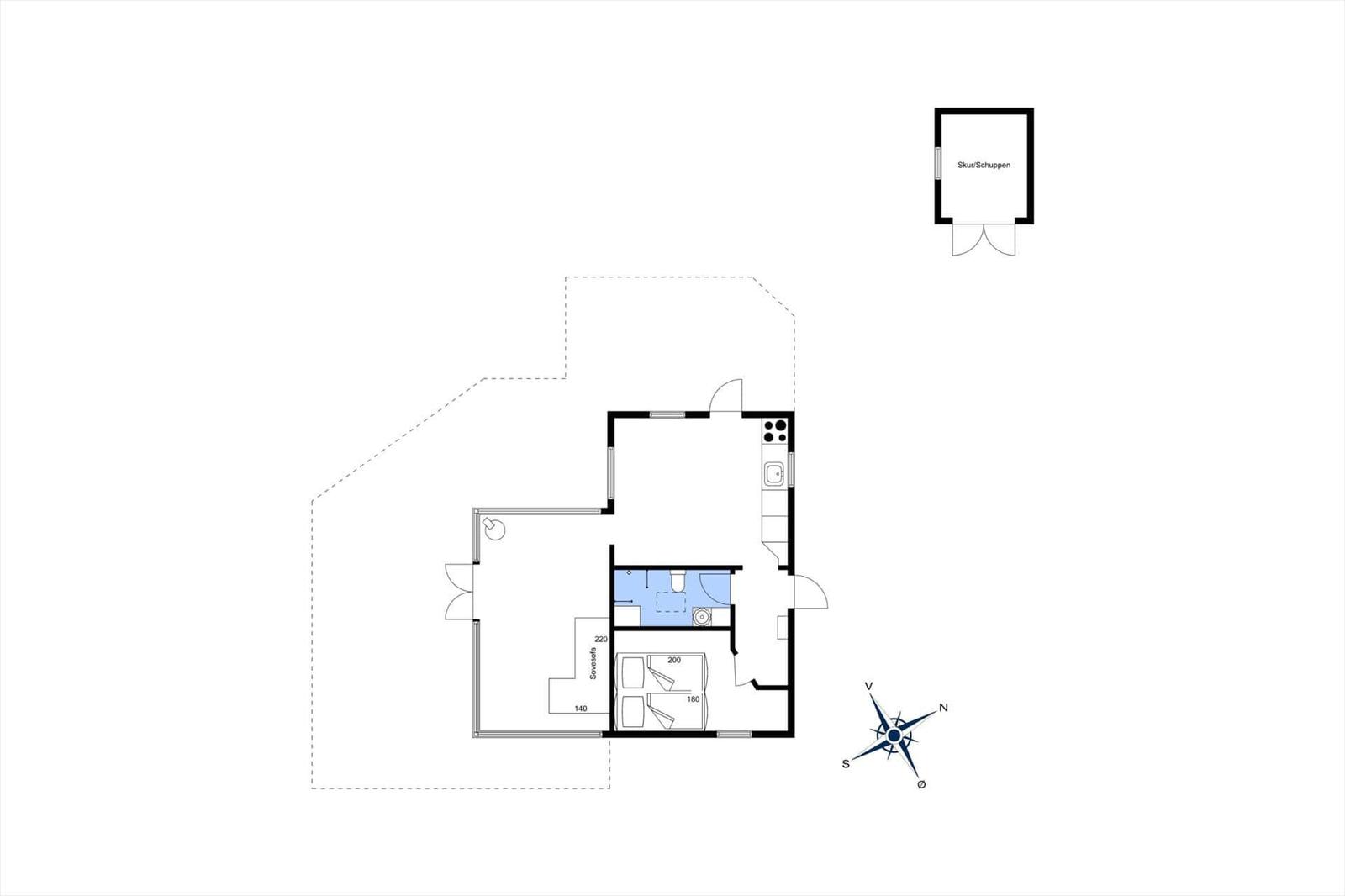 Apartment with bedroom, kitchen, and bathroom. Separate space for ski equipment.