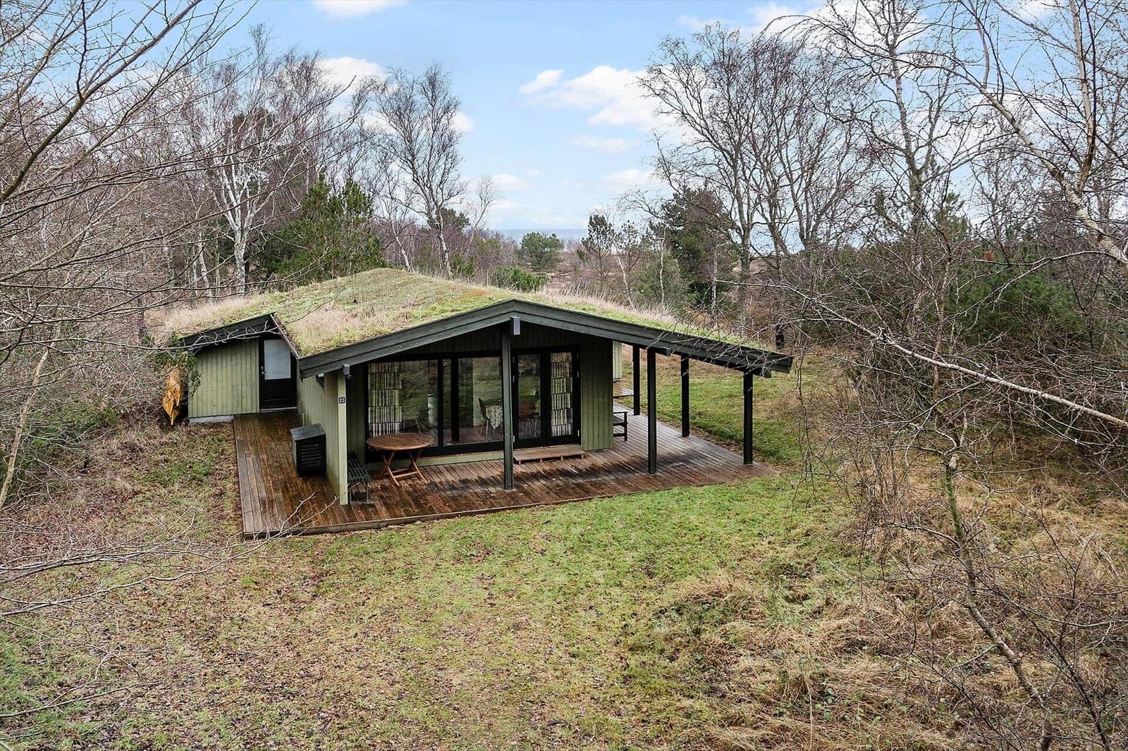 Moderne Hütte mit grünem Dach und Holzterrasse im Wald