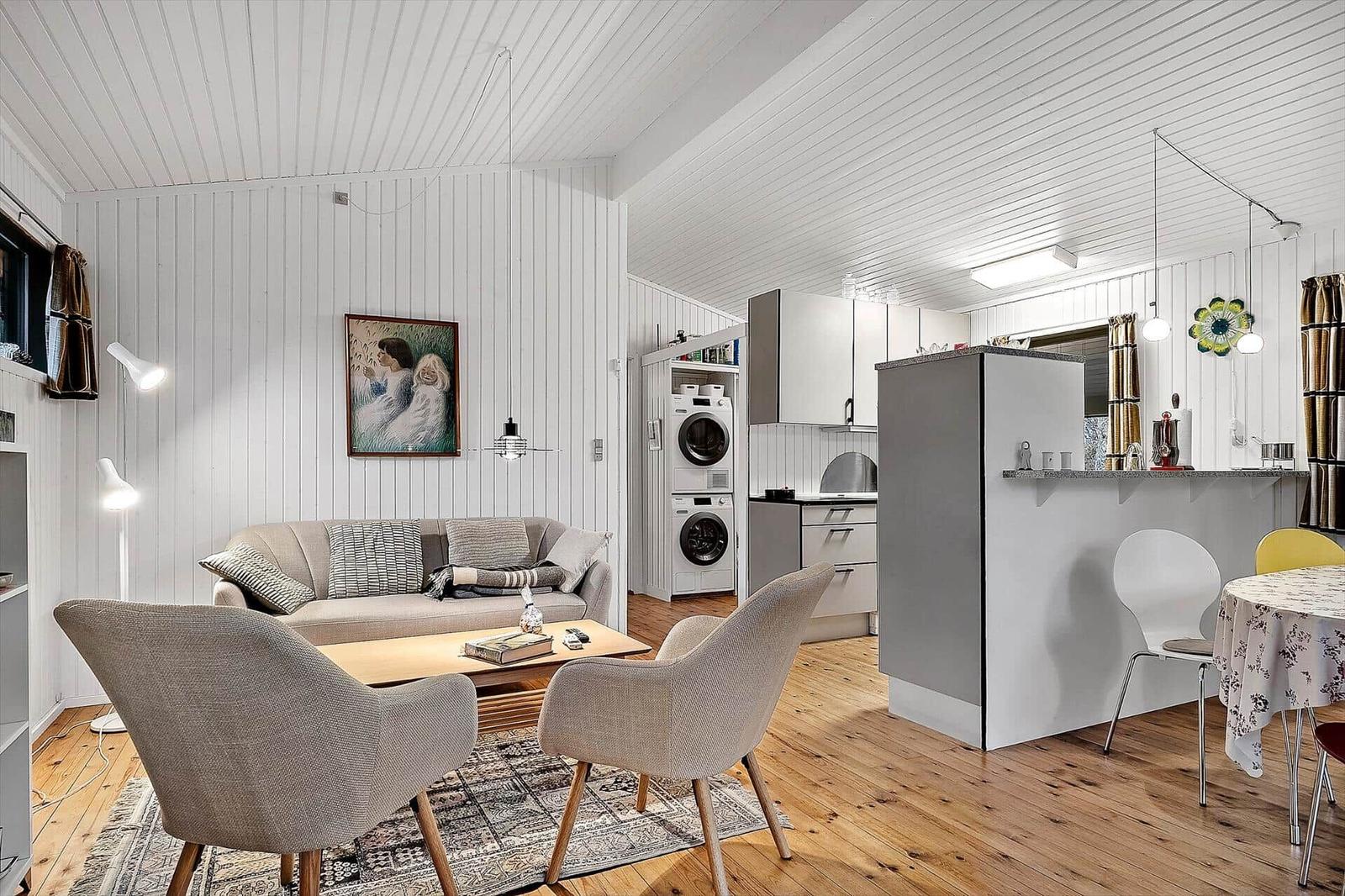 Wohnzimmer mit Sofa, Sitzgelegenheiten und Küchenbereich mit Waschmaschine.