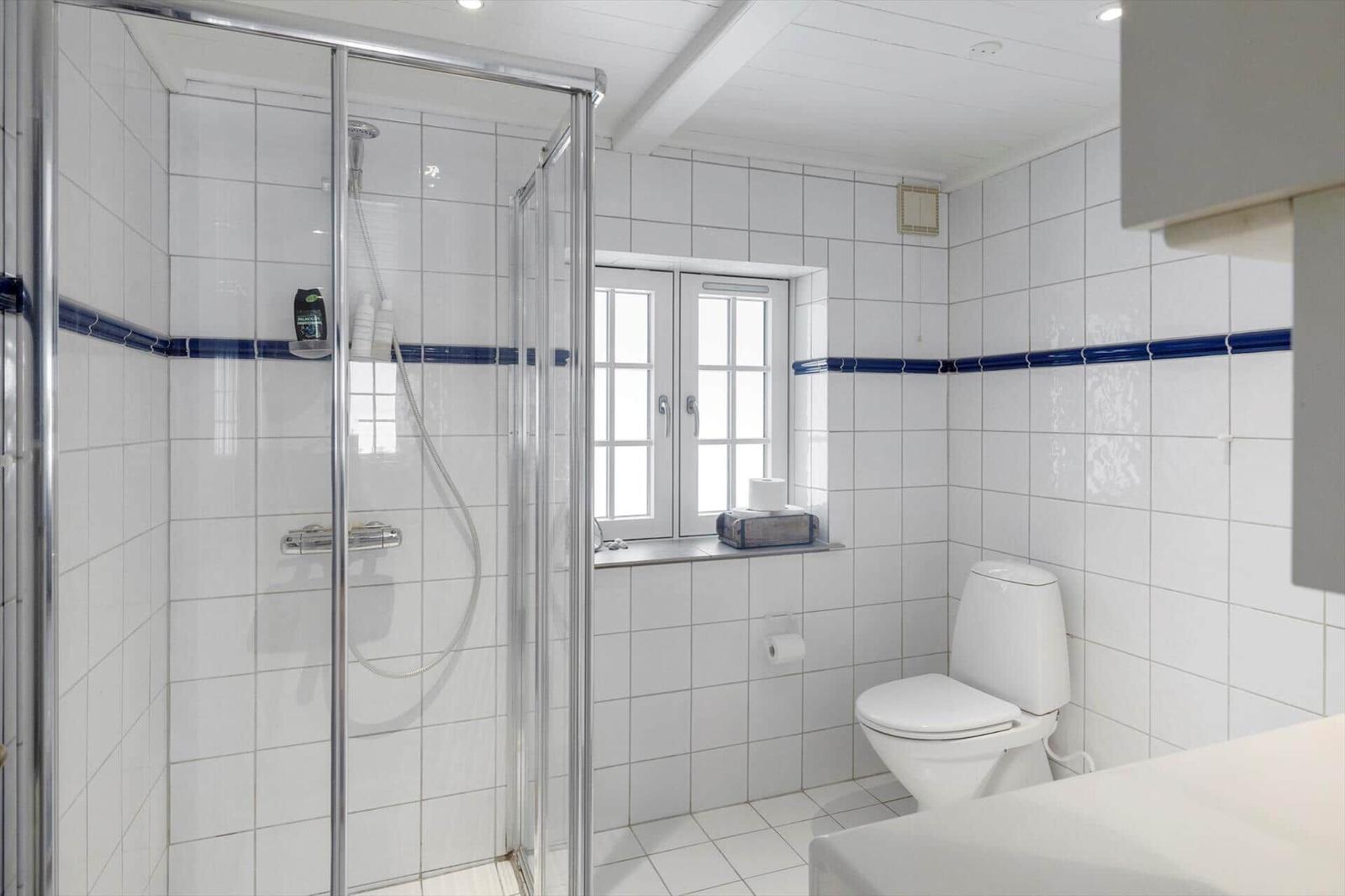 Badezimmer mit Dusche, Toilette und Fenster.