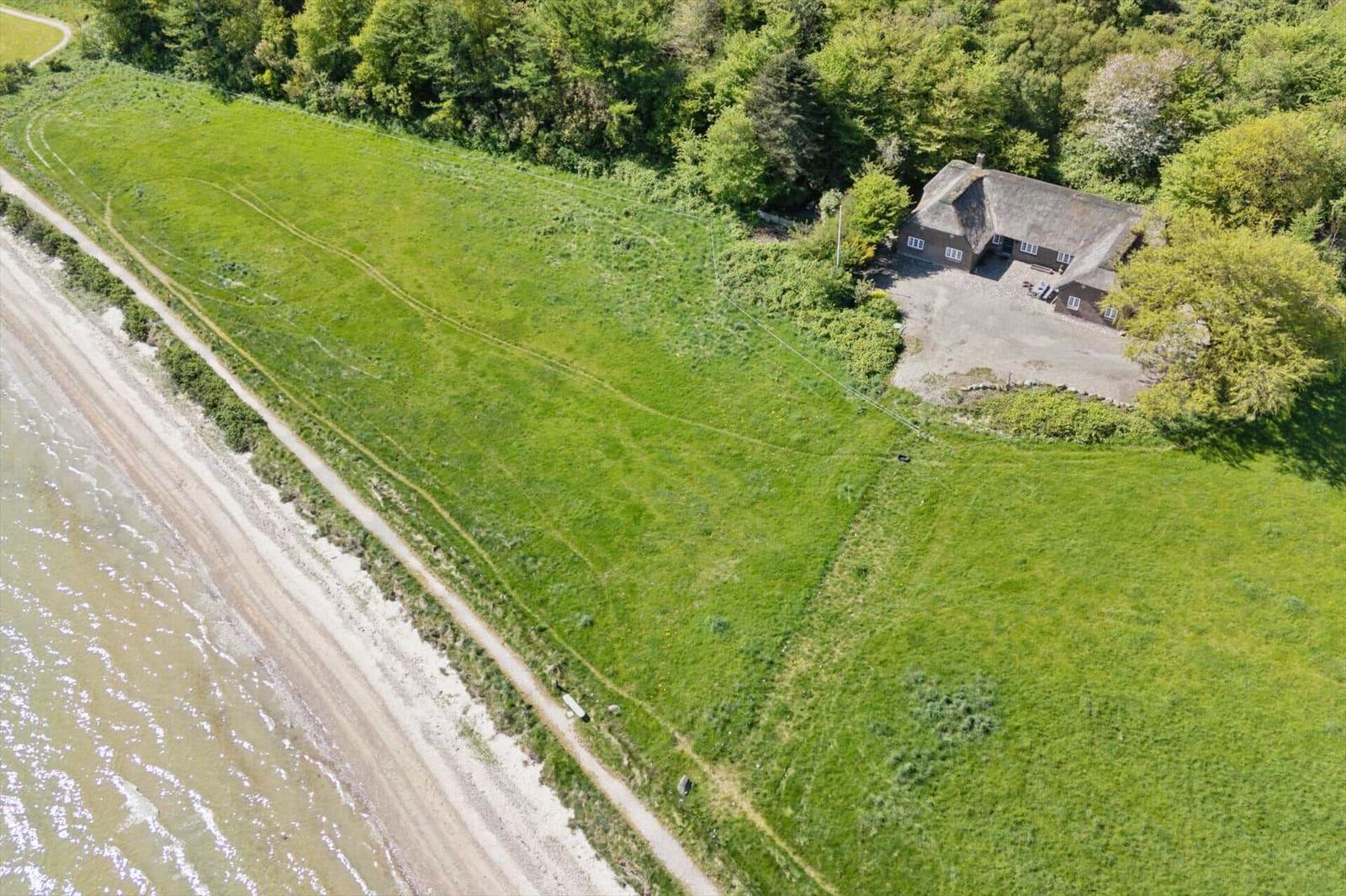 Haus mit Rasenfläche neben Strand und Wald