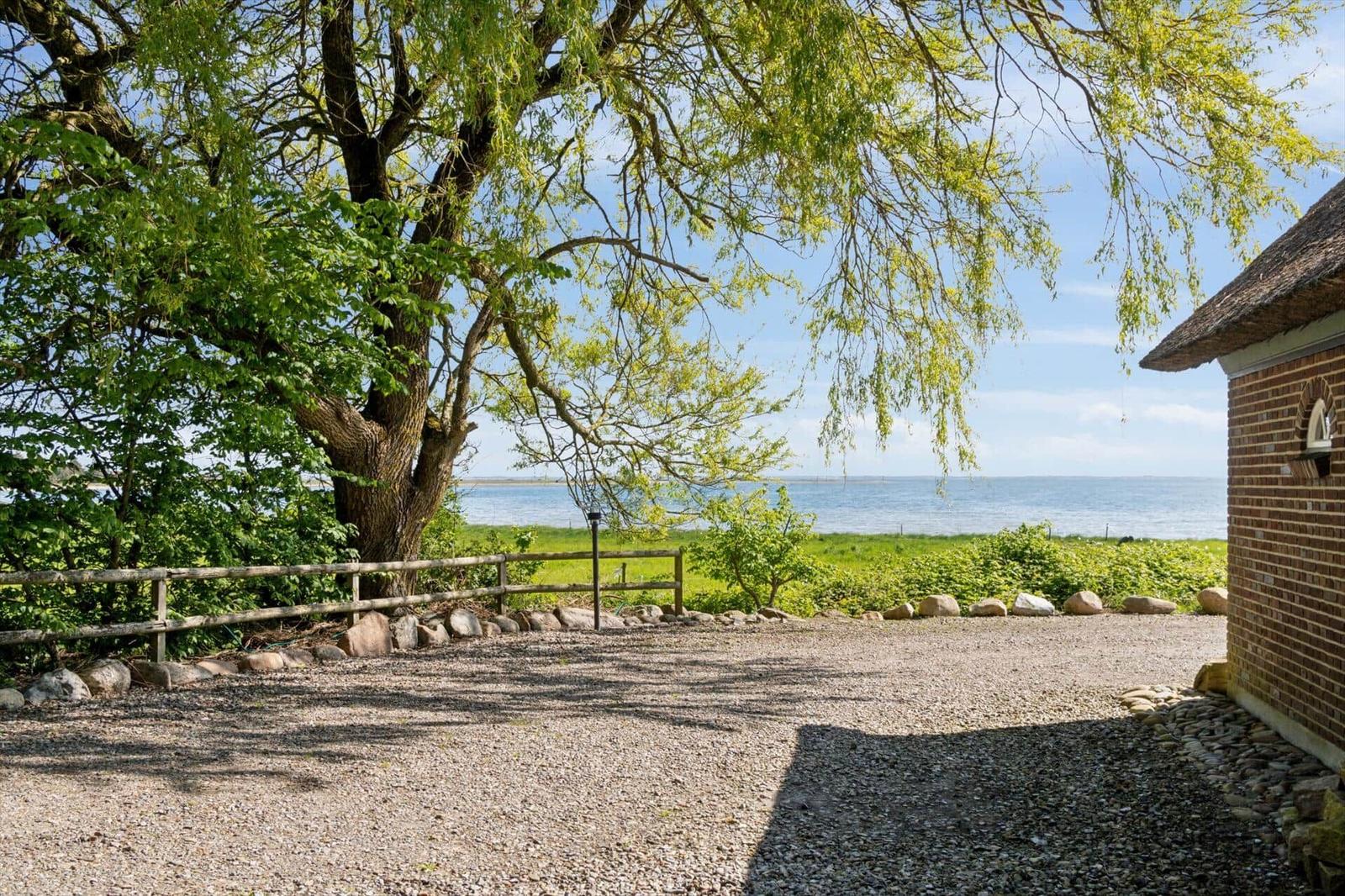 Gravelweg führt zu einem Haus mit Blick aufs Meer unter einem großen Baum.