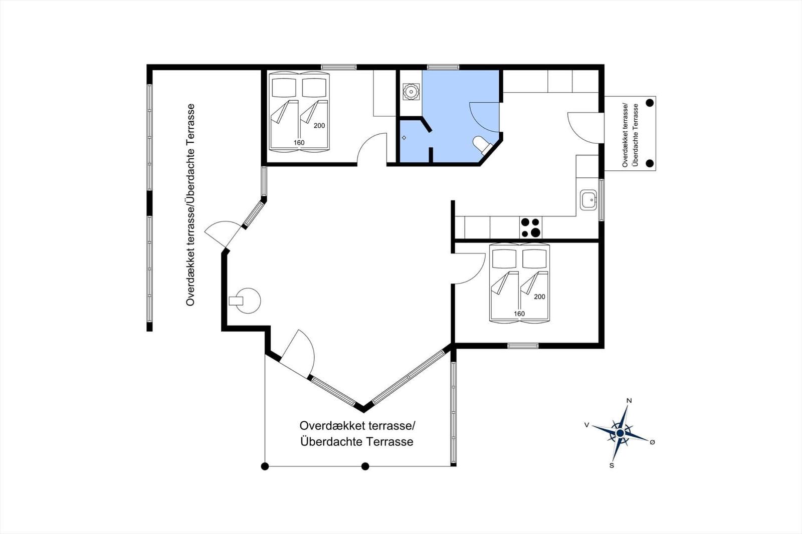Two bedrooms, kitchen, bathroom, and covered terrace.