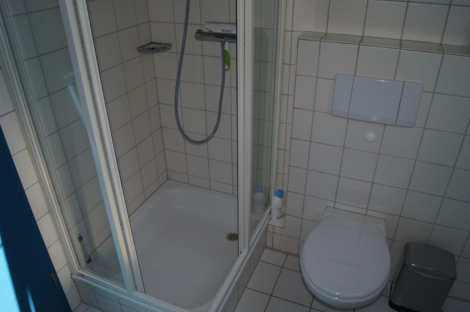 Badezimmer mit Dusche, Toilette und Toilettenpapierhalter.