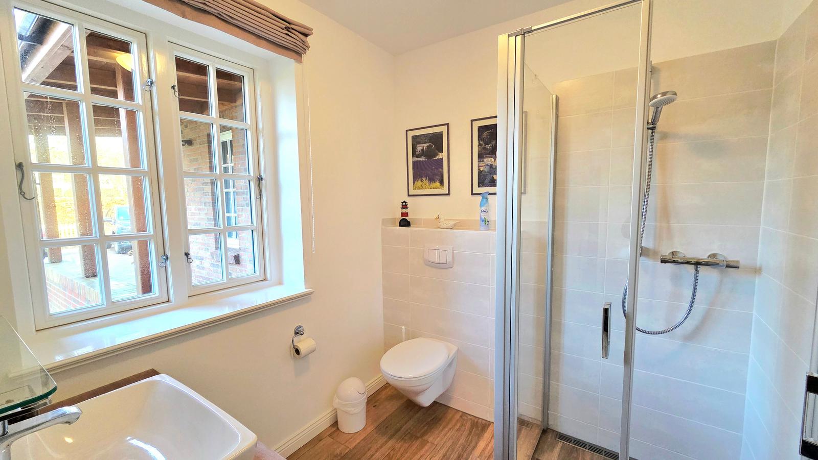 Badezimmer mit Dusche, Toilette und Fenster. Holzfußboden und weiße Wände.