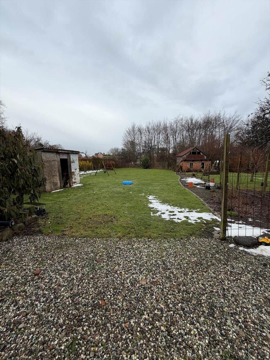 Backyard with lawn, shed, and small house. Snow lies in some places.