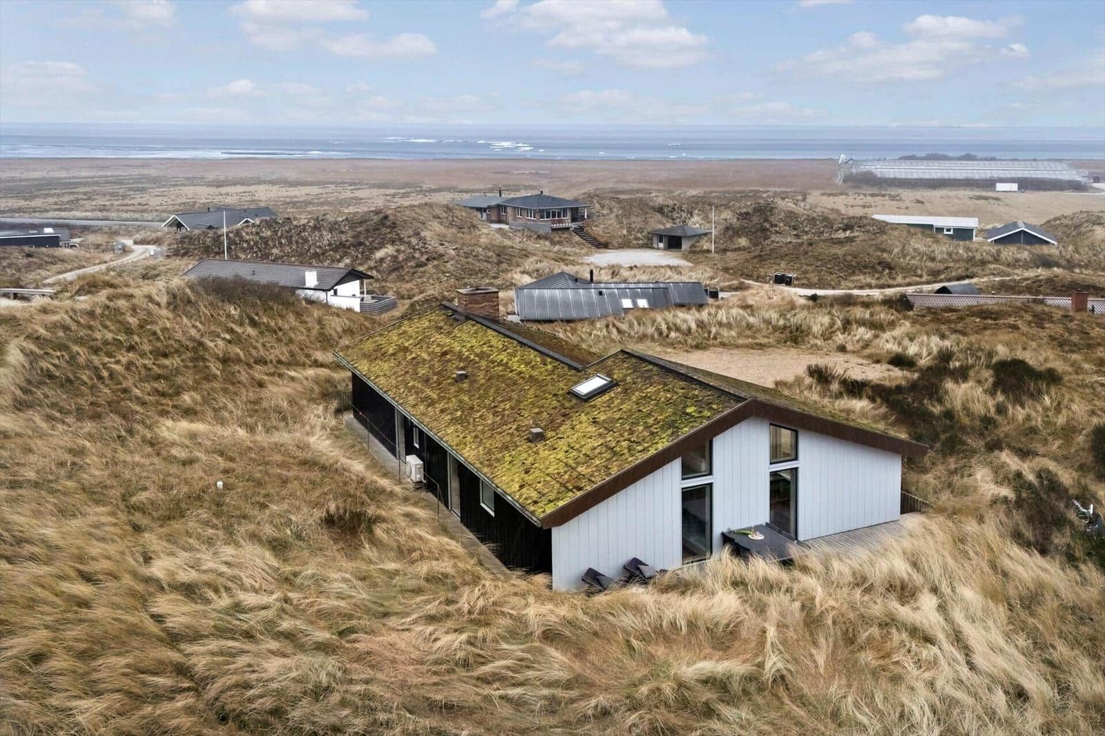 Moderne Strandhaus mit Moosdach auf Dünen, Blick auf Nordsee