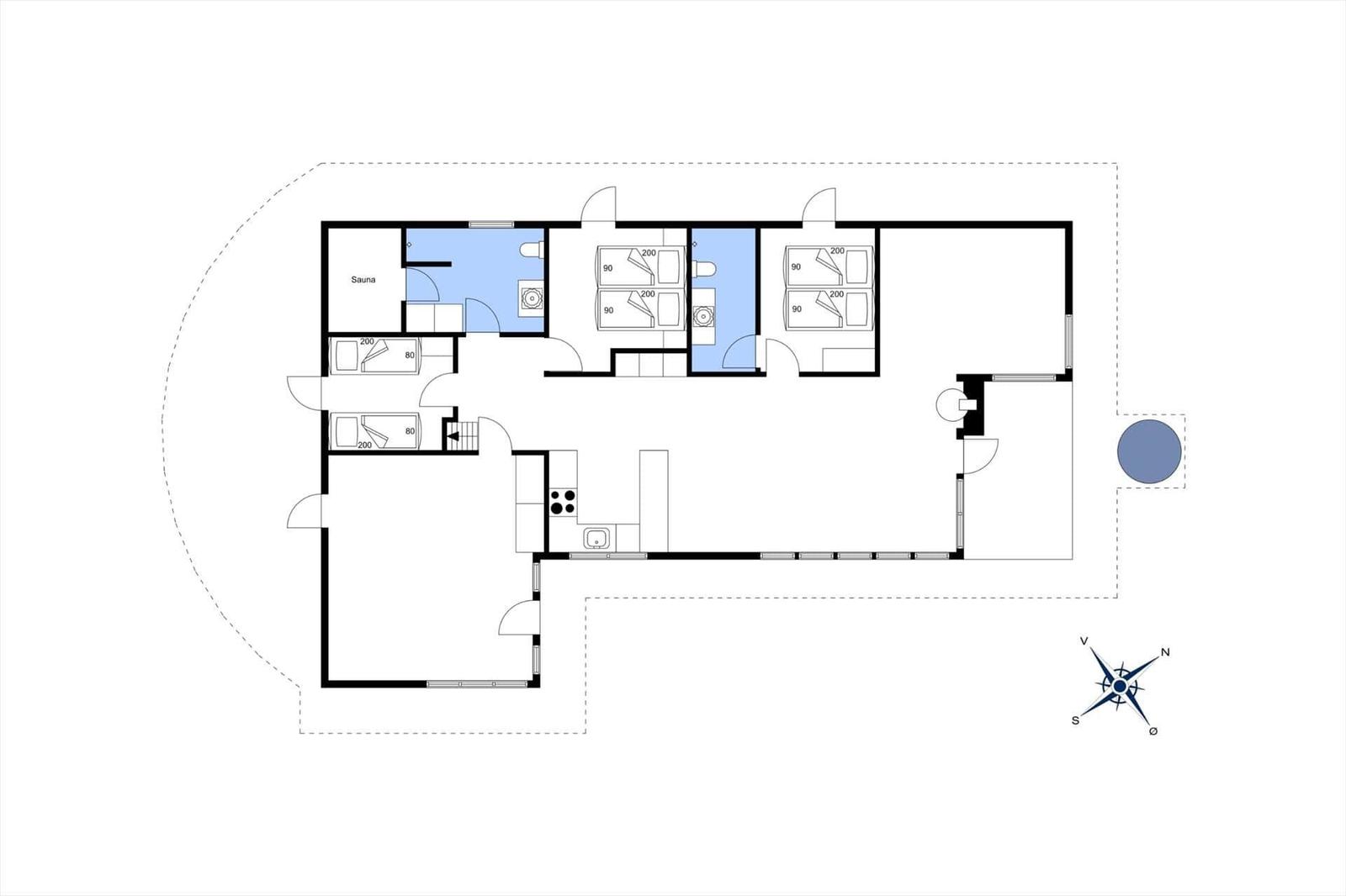 Funktionaler Grundriss mit Sauna, Küche und Schlafzimmern.