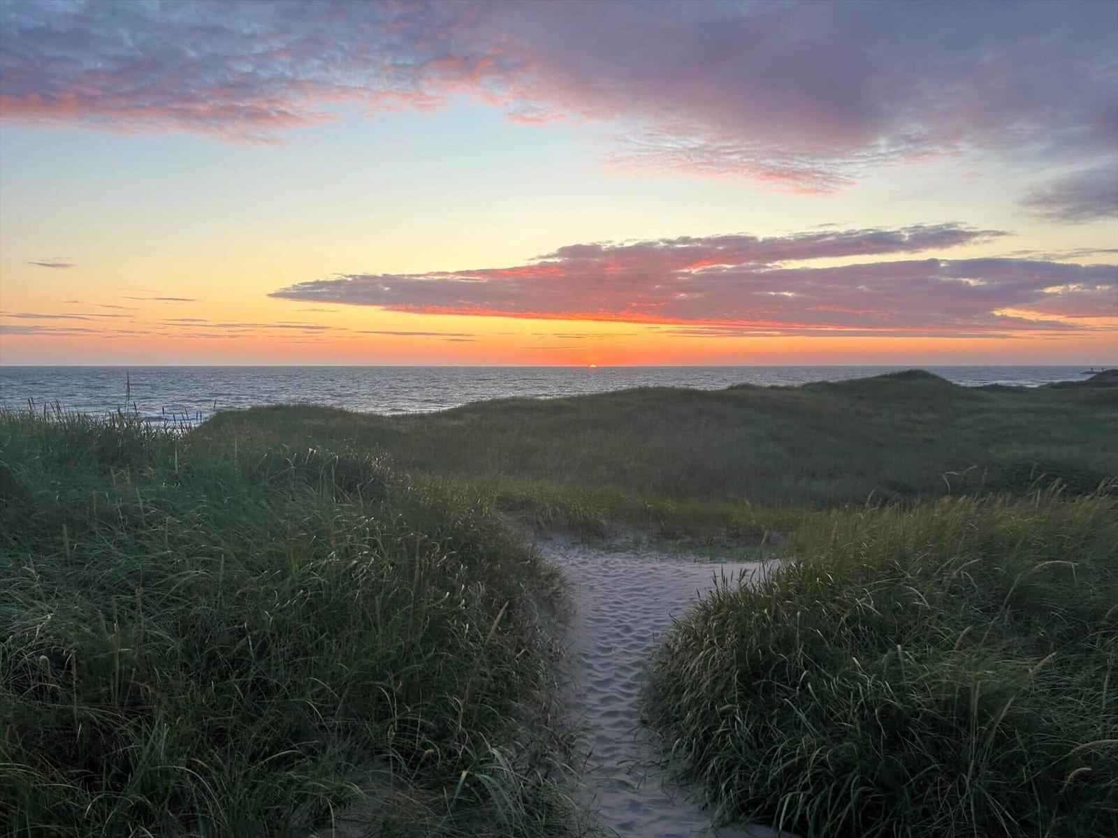 Sandweg durch Grasdünene führt zum Strand bei Sonnenuntergang mit farbigem Himmel.