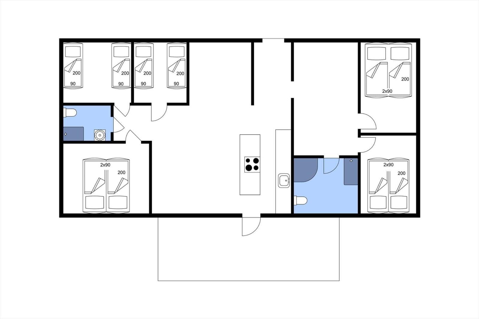 Gesamtplan einer Ferienwohnung mit mehreren Schlafzimmern und zwei Bädern.