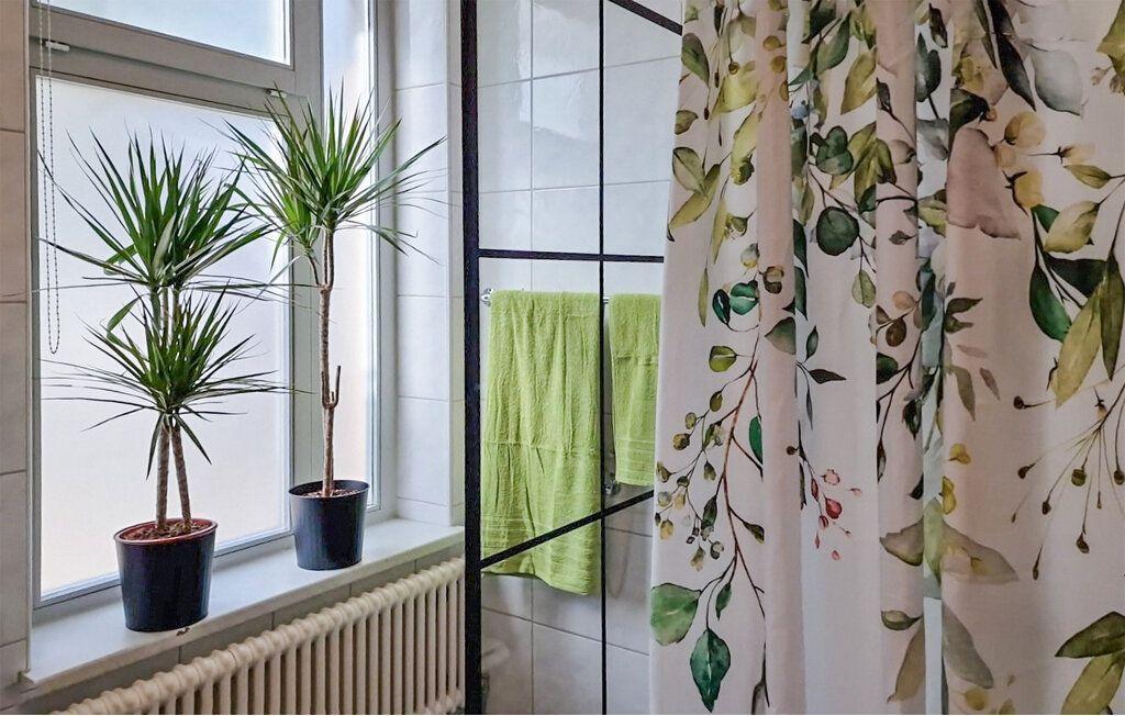 Badezimmer mit Fenster, Pflanzen und Duschvorhang mit Blumenmuster.