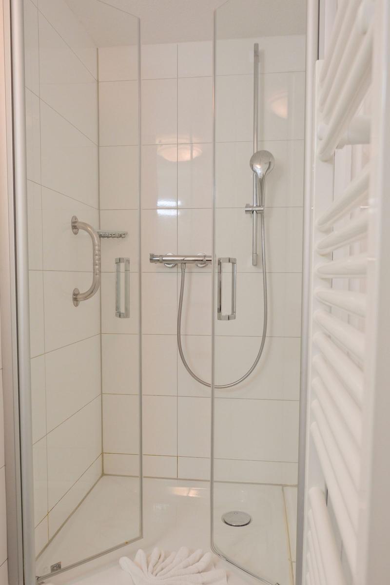 Dusche mit Handbrause, Haltegriff und Heizkörper an der Wand.