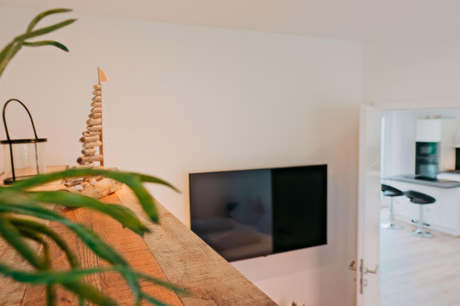 Holzoberfläche mit Pflanze, Fernseher und Blick in Küche