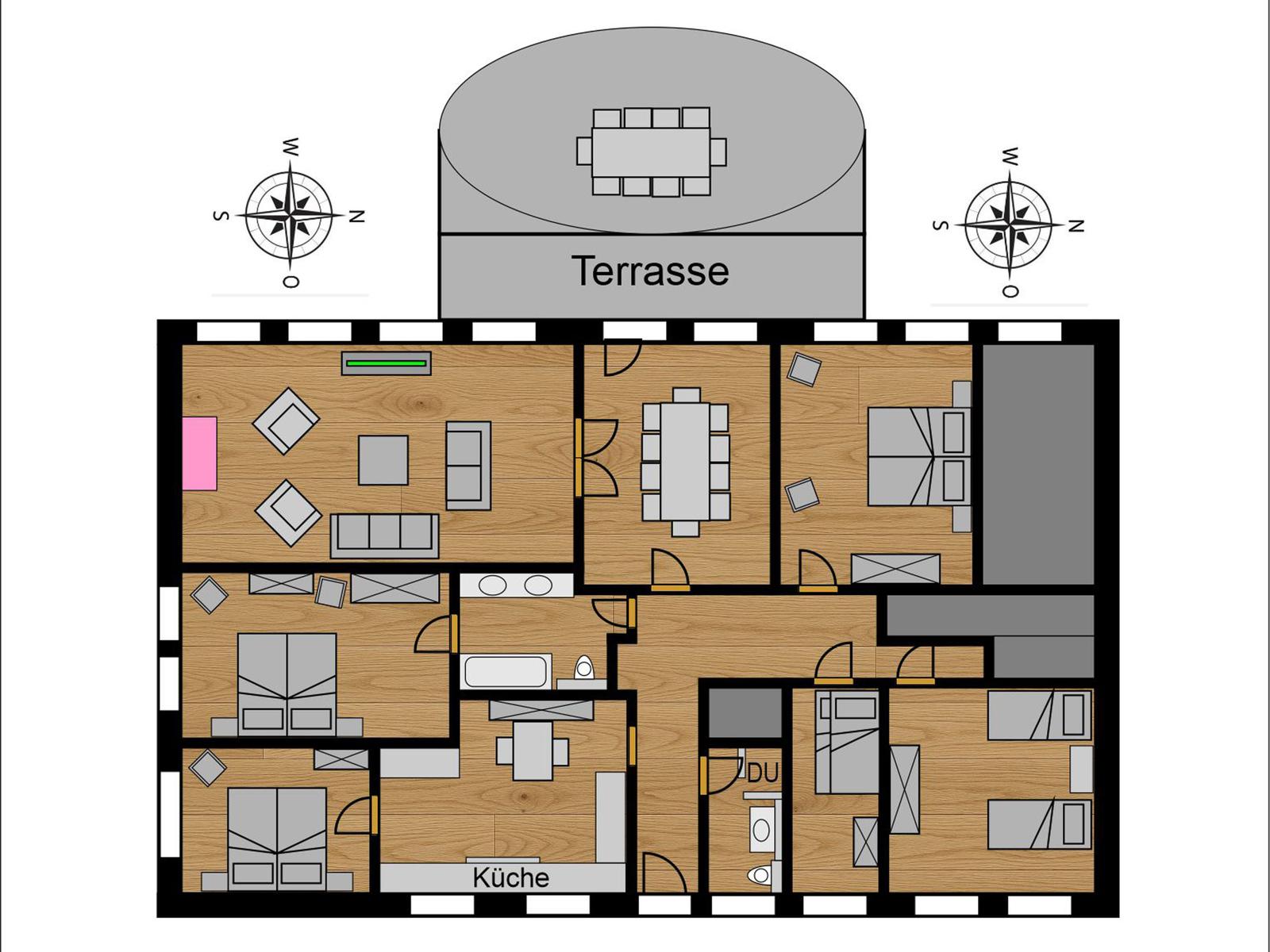 Dieses Haus hat eine Terrasse, Küche und mehrere Schlafzimmer.