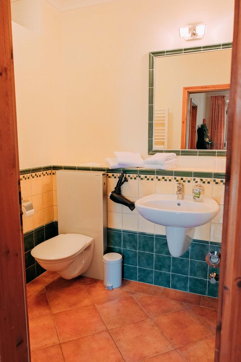 Badezimmer mit Waschbecken, Spiegel, Toilette und Handtuchhalter.