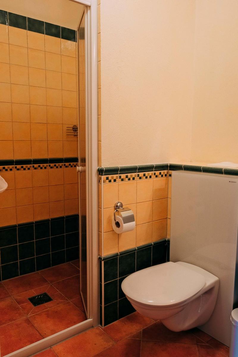 Bad mit Dusche, Toilette und Toilettenpapierhalter an der Wand.