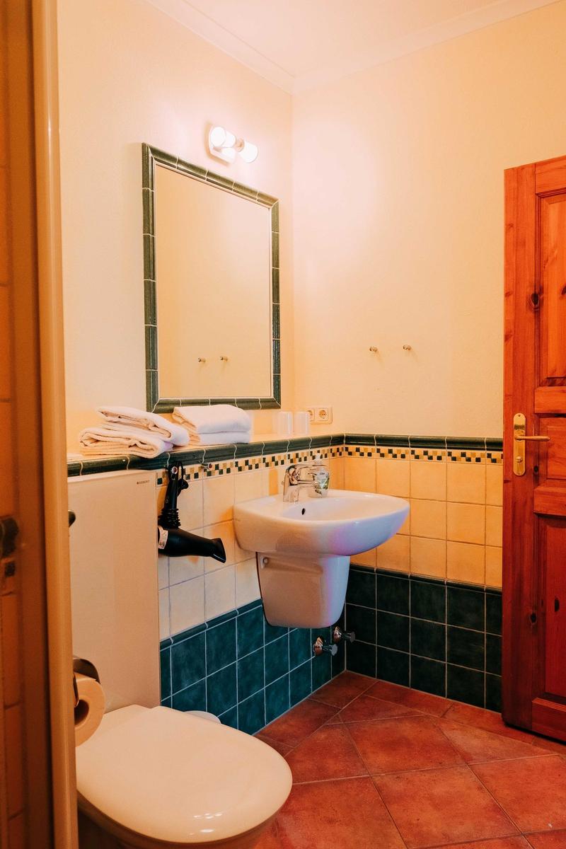 Badezimmer mit Waschbecken, Spiegel, Toilette und Handtuchhalter.