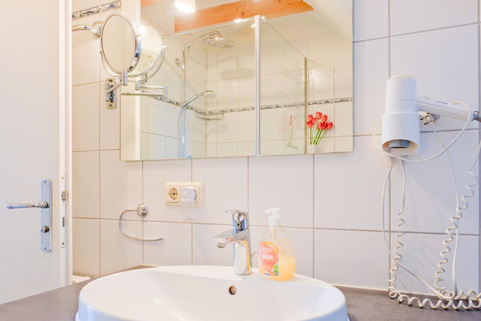 Badezimmer mit Waschbecken, Spiegel, Dusche und Haartrockner.