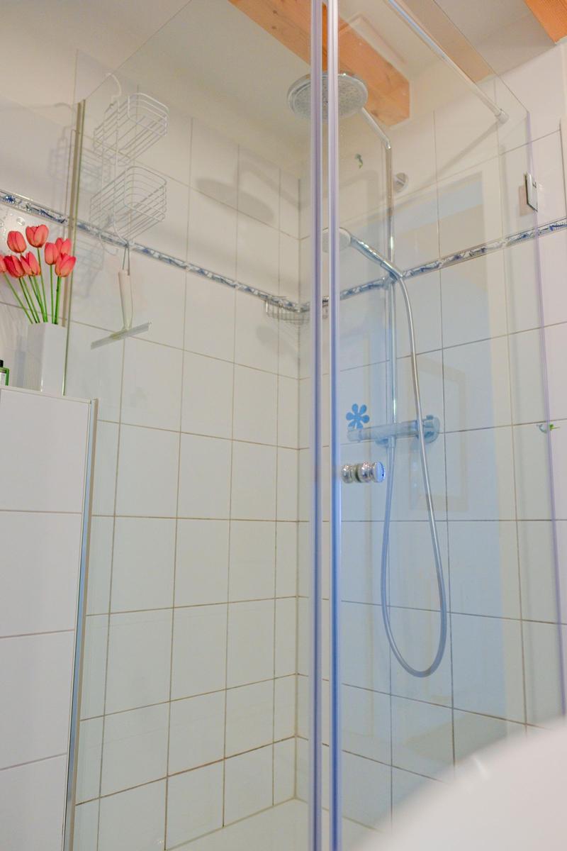 Dusche mit Glaswand, weißen Fliesen und roten Tulpen.