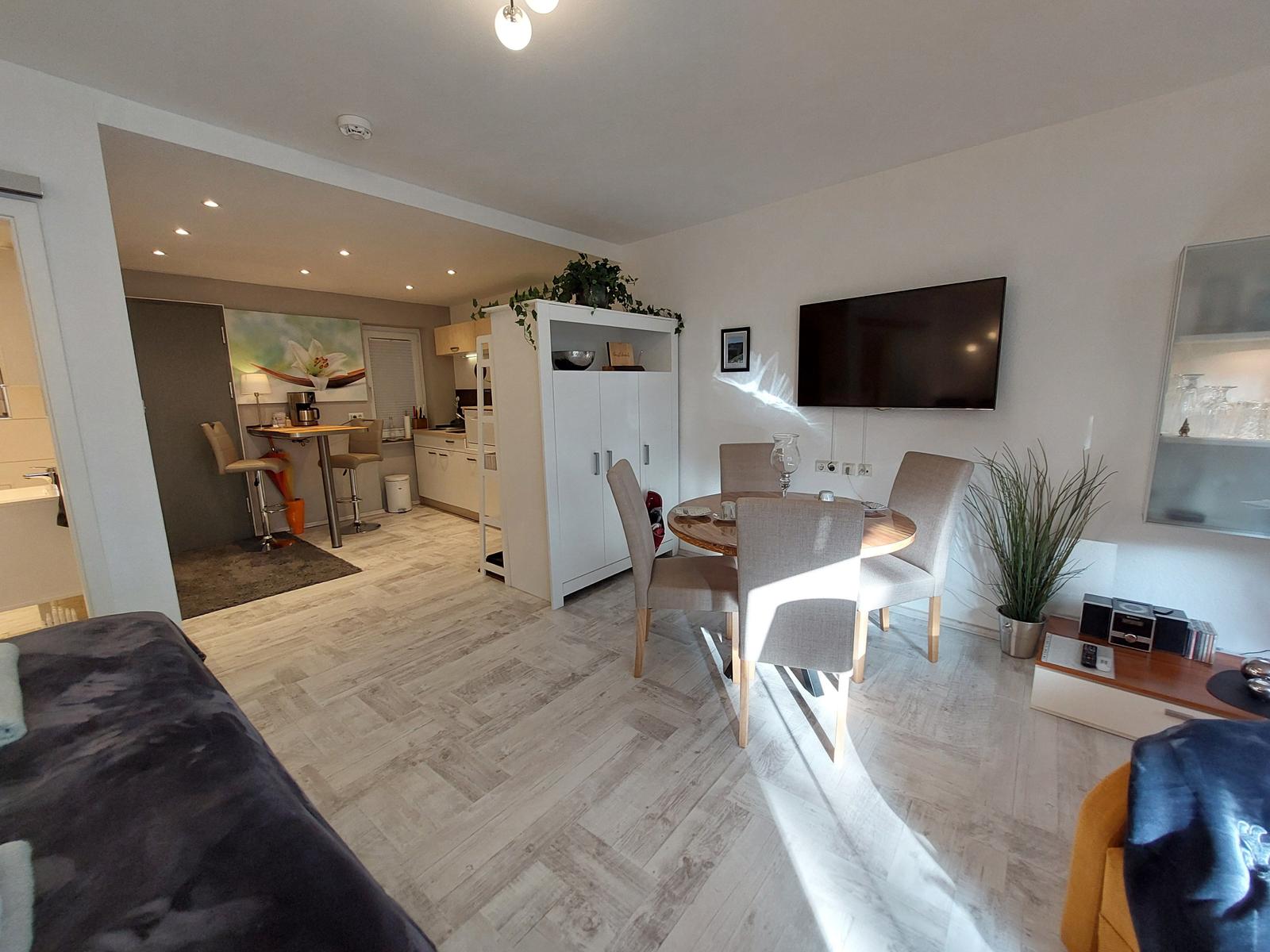 Wohnbereich mit Essplatz, Fernseher und Blick in die Küche.