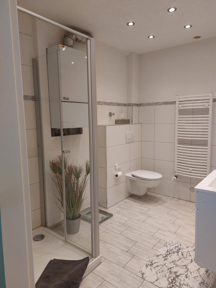 Badezimmer mit Dusche, Toilette und Heizkörper