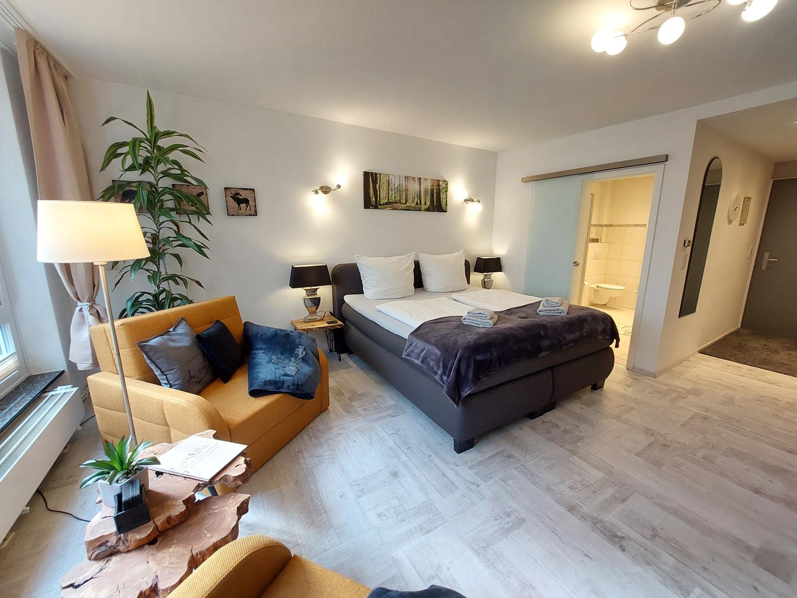 Schlafzimmer mit Bett, Sofa und Blick in die Dusche