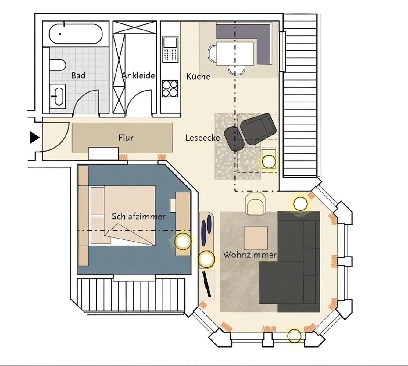 Dieses Haus hat Schlafzimmer, Wohnzimmer, Küche und Bad.