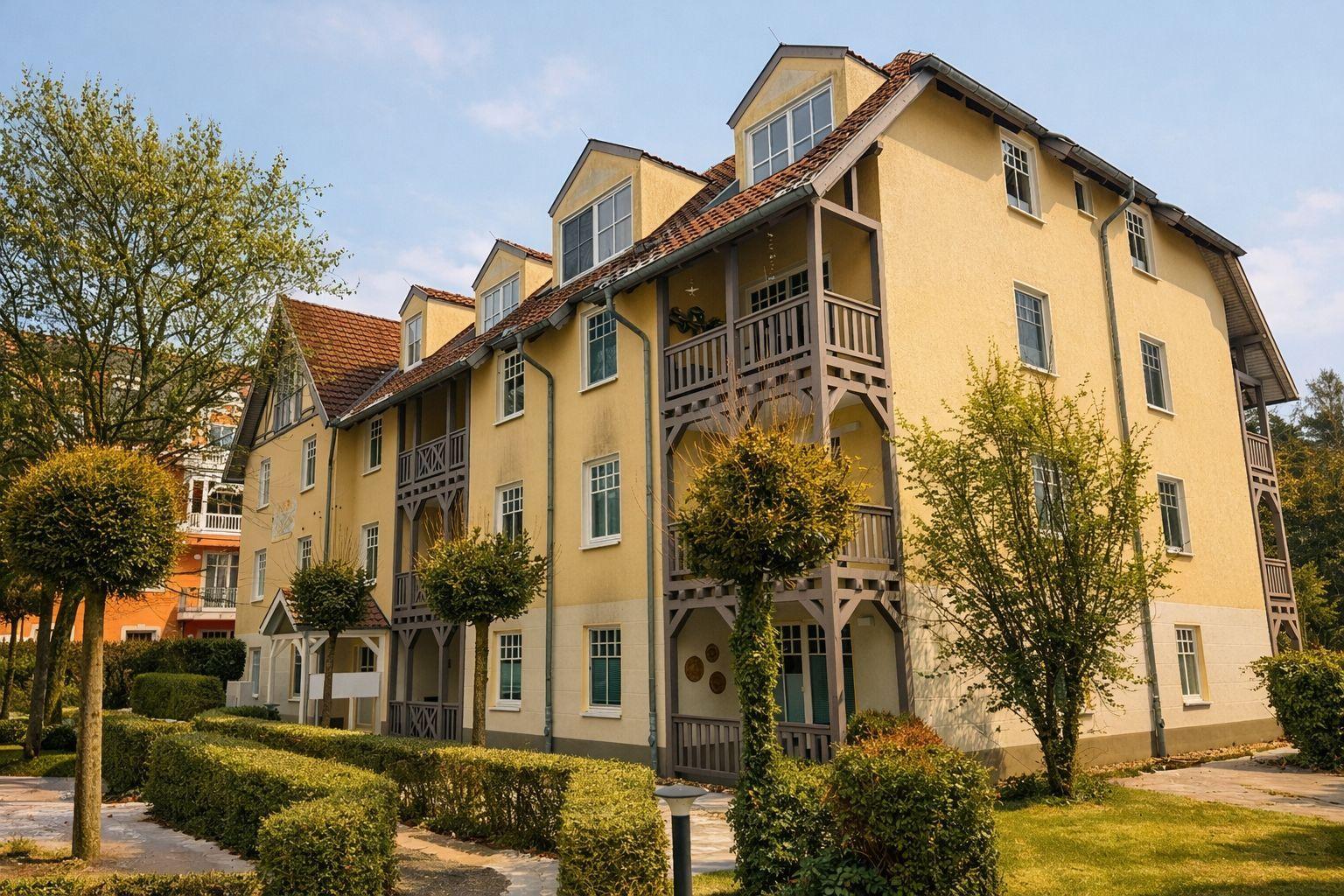 Gelbes Mehrfamilienhaus mit Balkonen und gepflegtem Garten.