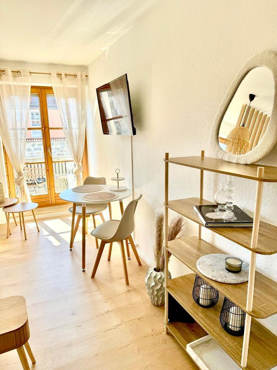 Essbereich mit Tisch, Stühlen und TV. Holzregal und Spiegel an der Wand.